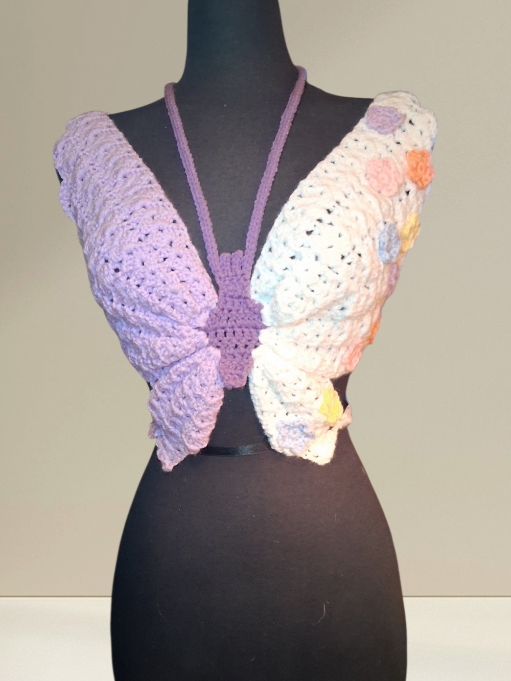 Handmade Lavender and Cream Crochet Butterfly Crop Top